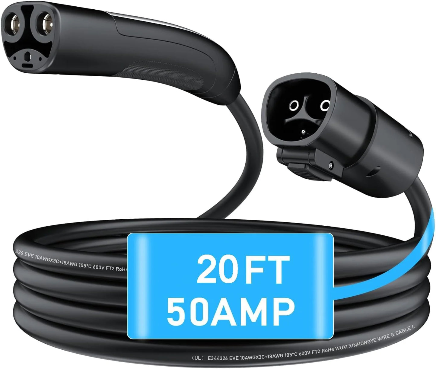 ChargeWell NACS Extension Cable – 20ft | 50A | 110V AC-240V AC | 1-Year Warranty